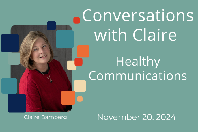 A woman smiling for the camera with text that reads " conversations with claire."