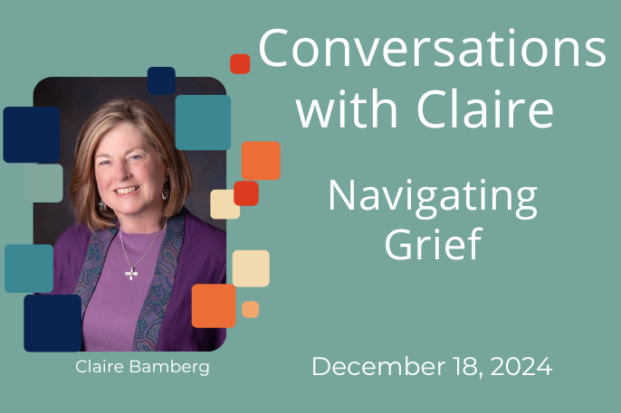 A woman with a cross on her chest and the words " conversations with claire."