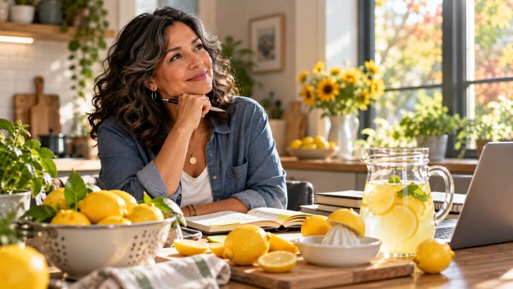 Woman reflecting on new possibilities at a sunny kitchen table with fresh lemons, lemonade, and an open notebook.